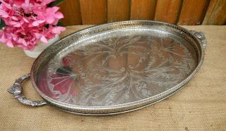 Vintage Large Chased Decoration Silver Plate On Copper Gallery Tray With Handles