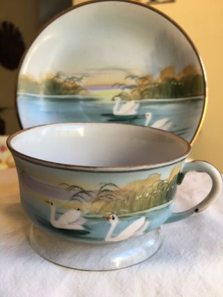 Vintage Tea Cup And Saucer Fine Bone Handpainted China Rare Find 1940s
