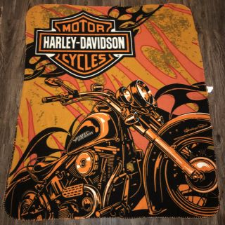 Harley Davidson Rare 2010 Soft Fleece Throw Blanket Flames Motorcycle Biker58x47