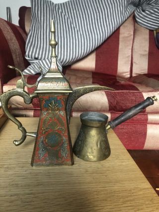 Vintage Turkish Islamic Arabic Brass Coffee Pot Dallah Milk Jug Red Enamel