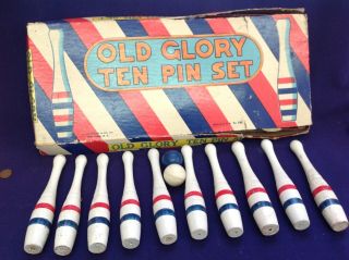 Rare Patriotic Old Glory Ten Pin Bowling Set Game J Pressman Co Red White Blue
