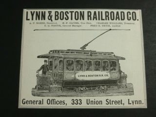 Orig Rare Antique 1895 Lynn & Boston Street Railroad Co.  Ad Vtg Trolly Ma Illust