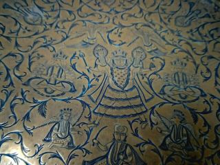 Large Antique Indian Brass Tray With Engraved Scenes And Several Deities