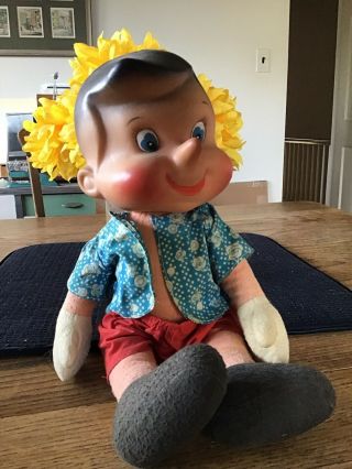 Rare Adorable Vintage Pinocchio Doll Plastic Head Mid Century 12 "