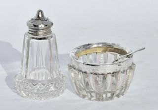 Antique Sterling Silver & Cut Glass Open Salt Boat,  Spoon And Pepper Shaker