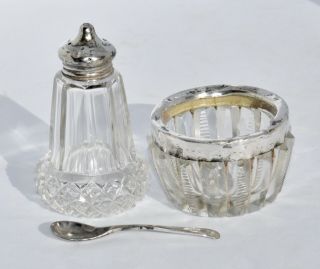 Antique Sterling Silver & Cut Glass Open Salt Boat,  Spoon and Pepper Shaker 2