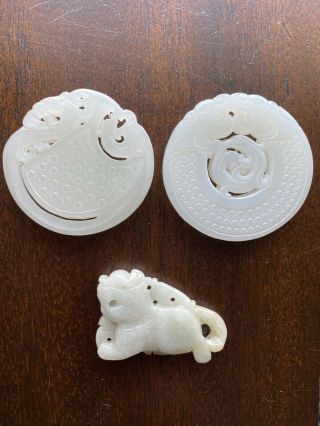 Antique Chinese White Jade Plaque Pendant Grouping Nicely Carved Nephrite Discs