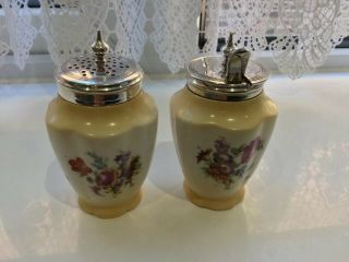 LOVELY ANTIQUE GEORGE JONES CRESCENT CHINA SILVER PLATED CONDIMENT POTS 2