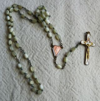 Vintage French Antique Mother Of Pearl Rosary Beads Enamel Crucifix Religious