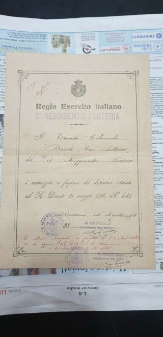 Top Rare Italy Italian General Ww1 Veteran Military Regimental Badge Award Doc C