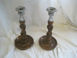 Solid Oak Wooden Wood Candlesticks Candle Holder Barley Twist Silver Plated