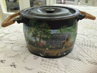 Antique Cast Iron Small Lidded Pot Hand Painted With Farm Scenery