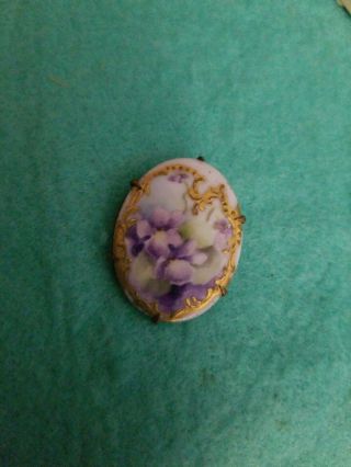 Antique Beautifully Handpainted Porcelain Floral Pin Brooch C - Clasp