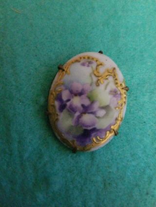 Antique Beautifully Handpainted Porcelain Floral Pin Brooch C - Clasp 2