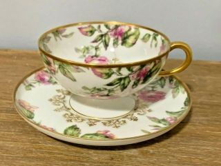 Vintage Haviland Limoges France Gold Bands & Pink Floral Tea Cup And Saucer Rare