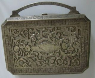 Antique Ornately Decorated Heavy Metal Makeup /cigarette Box W/ Mirror/handle