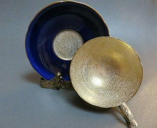 Rare Aynsley Cobalt Gold Spider Web Crackle Wide Mouth Cup And Saucer B4918