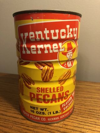 Vintage Kentucky Kernel Shelled Pecans Tin 6” Hickman Kentucky Colors Rare