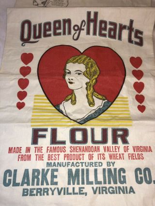 Vintage 1920 Rare Queen Of Hearts 24 Pound Flour Sack Clarke Milling Company.