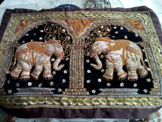 Vintage Indian Embroidery Sequins Hand Made Wall Hanging Padded Raised Elephants