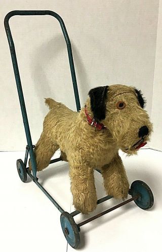 Rare Vintage Chiltern English Mohair Terrier Dog On Wheels Push Plush Toy