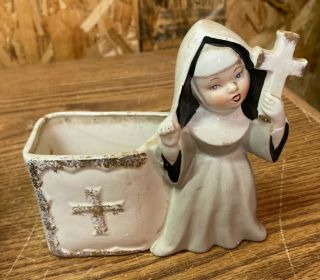 Vintage Catholic Nun Holding Cross Planter Japan Victoria Ceramics Rare
