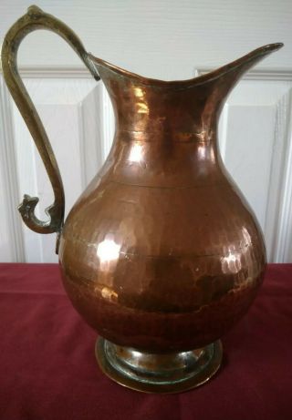 Large Antique Heavy Hand Hammered Copper Jug Brass Handle 1.  25kg 28cm Tall Vnice 2