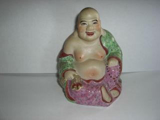 Attractive Vintage Chinese Export Seated Smiling Buddha In Famille Rose Colours.