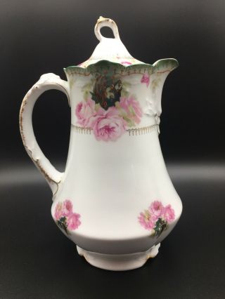 Antique Porcelain Thomas Ens.  Porcelain Co.  Chocolate Pot Pink Roses Gold Green