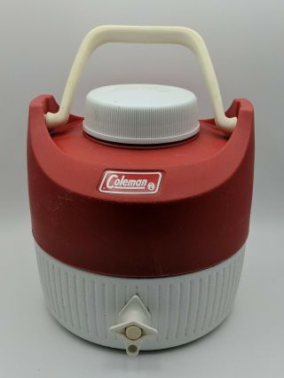 Vintage Coleman 1 Gallon Red & White Water Cooler / Jug With Cup Rare Made Usa