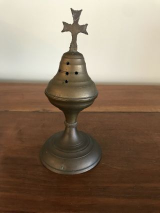 Antique Vintage Brass Church Censer Incense Burner Holder With Cross