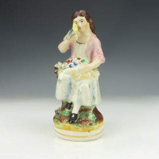 Antique Staffordshire Pottery - Lady With Bird Figure - Unusual