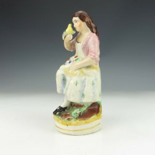 Antique Staffordshire Pottery - Lady With Bird Figure - Unusual 2