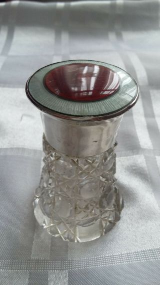 Antique Cut Glass Perfume Bottle With Silver And Enamel Top.  Has Stopper.  Good