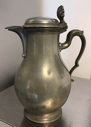 Antique Hand Crafted Lidded Pewter Jug Pitcher.  9 Inches High Logo To Base