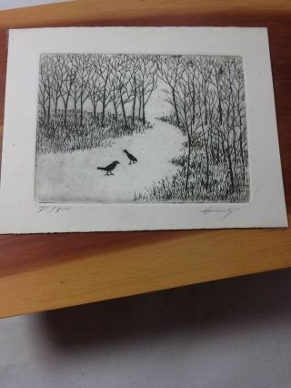 Exceptional Vintage,  Old Hand Signed,  Numbered 2 Crow,  Raven Etching About 5 X 4