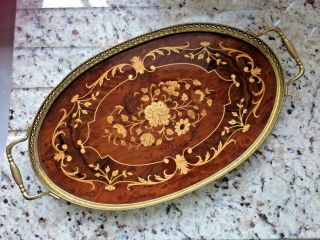 Vintage Gabriella Sorrento Italy Wooden Serving Tray Inlaid Marquetry Brass Side