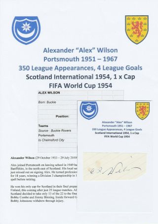 Alex Wilson Portsmouth 1951 - 1967 Rare Autograph Cutting