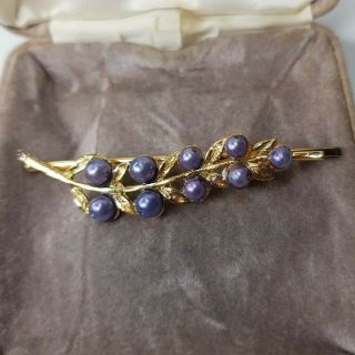 Rare Vintage Purple Beaded Gold Tone Leaf Hair Clip Gift Costume Jewellery