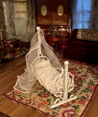 Vintage Dollhouse Miniature Furniture Metal Rocking Cradle Bedding Pillow Canopy