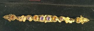 Antique Victorian Amber Amethyst Rhinestone Brass Bar Brooch Pin With C Clasp