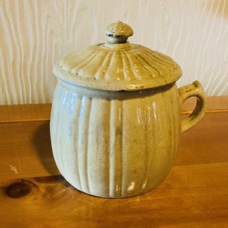 Very Rare Unique Antique Yellow Ware Jar With Handle And Lid.