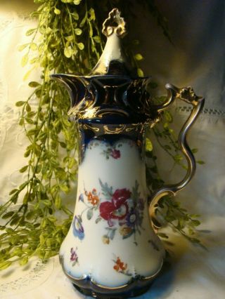 Antique Hand Painted Chocolate Coffee Pot Cobalt Blue Floral Royal Vienna