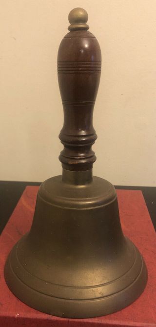 Large Antique Solid Brass School Church Bell Wood Handle 10 " Tall 6 " Diameter