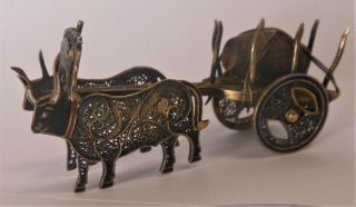 Fine & Delicate Topazio Portugal Enameled Sterling Miniature Ox Cart With Barrel