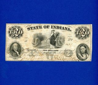 1862 $2 State Of Indiana Hand Signed Rare Civil War Crisp Higher Grade Note
