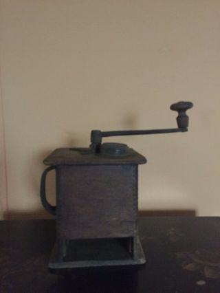 Antique Wood And Cast Iron Coffee Grinder With Dovetail Joints/ No Drawer