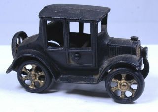 Antique Cast Iron Toy Car Black Gold Painted Spokes Wheels Work 3.  25 " H X 5.  5 " L