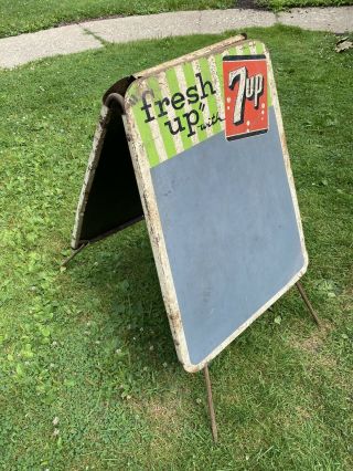 Large Antique 7up Chalkboard Sign Rusty Standing Metal 2 Sided Rare