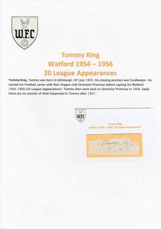 Tommy King Watford 1954 - 1956 Rare Autograph Cutting